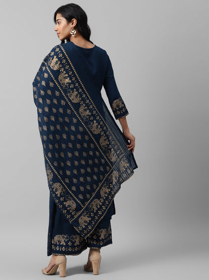Women's Navy Blue & Golden Solid Kurta Set