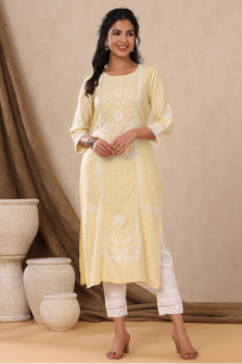 Women's Light Yellow Rayon Printed Straight Kurta