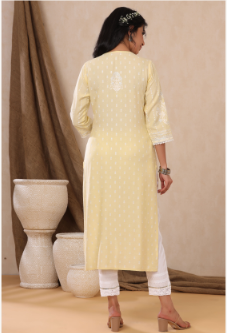 Women's Light Yellow Rayon Printed Straight Kurta