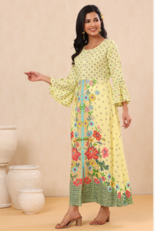 Women's Lime Rayon Printed A-Line Kurta