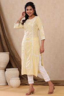 Women's Light Yellow Rayon Printed Straight Kurta