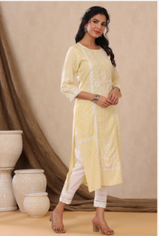 Women's Light Yellow Rayon Printed Straight Kurta
