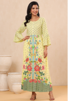 Women's Lime Rayon Printed A-Line Kurta