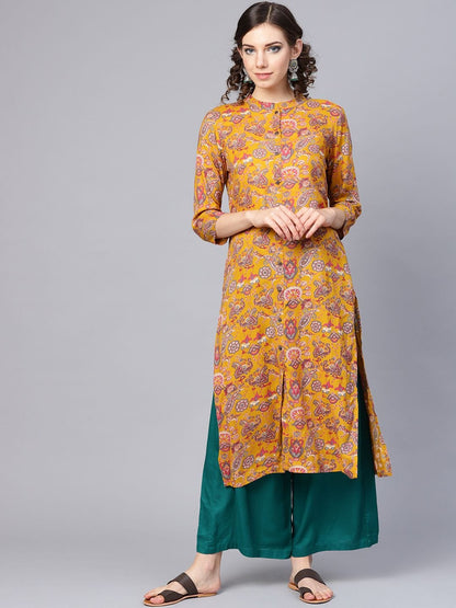 Women's Mustard Brown & Green Printed Straight Kurta