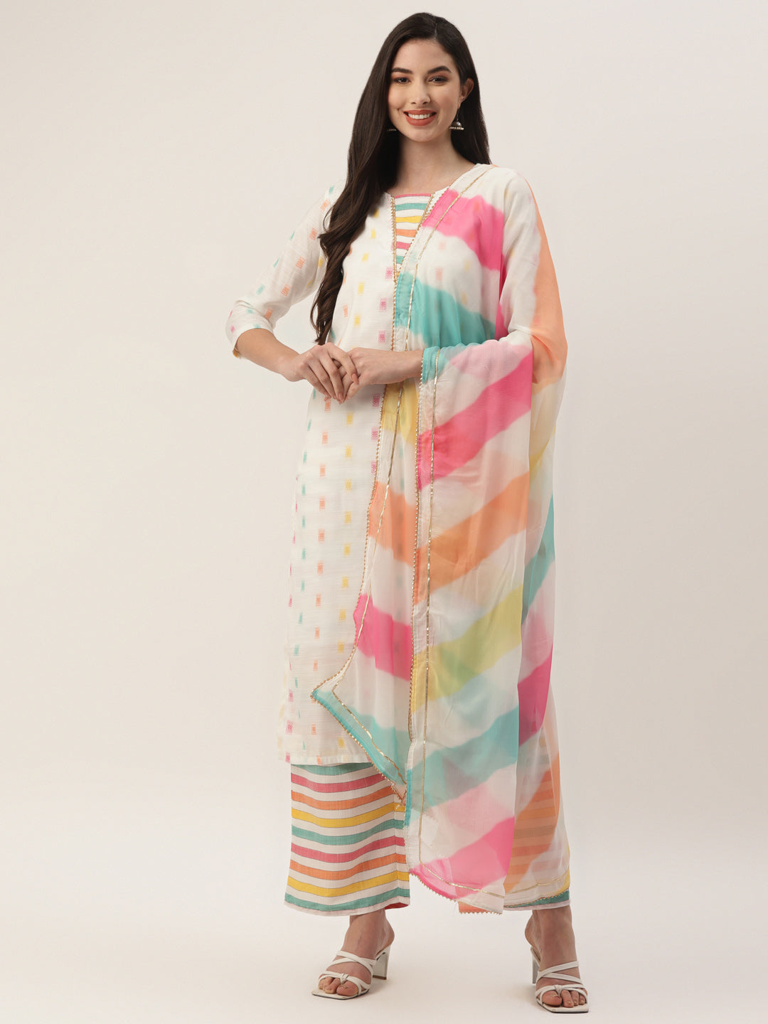 Women's White Cotton Blend Self Design Straight Kurta Trouser Set With Dupatta
