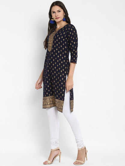 Women's Foil Print Straight Cotton Navy Blue Kurta (1Pc)