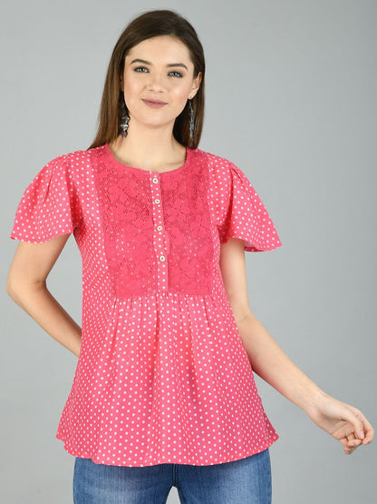 Women's Pink Polyester Printed Half Sleeve Round Neck Casual Top