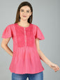 Women's Pink Polyester Printed Half Sleeve Round Neck Casual Top
