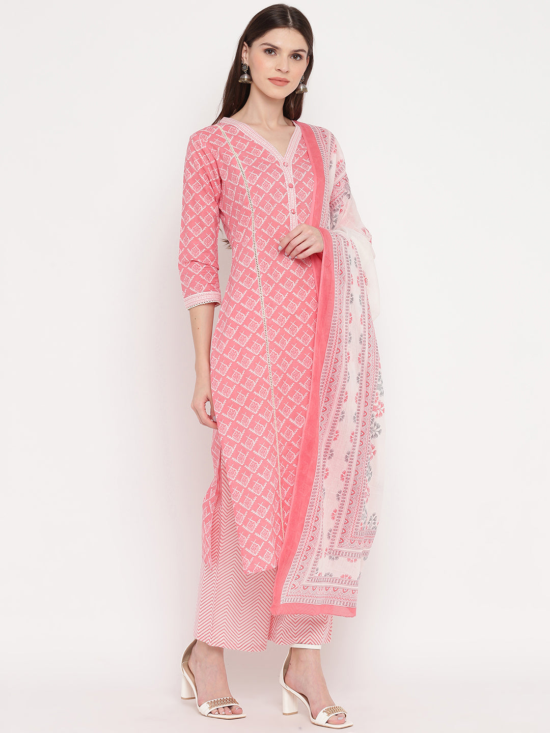 Women's Light Pink Cotton Kurta With Palazzo & Dupatta By Vbuyz (3