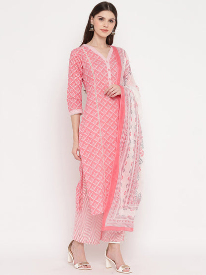 Women's Light Pink Cotton Kurta With Palazzo & Dupatta By Vbuyz (3