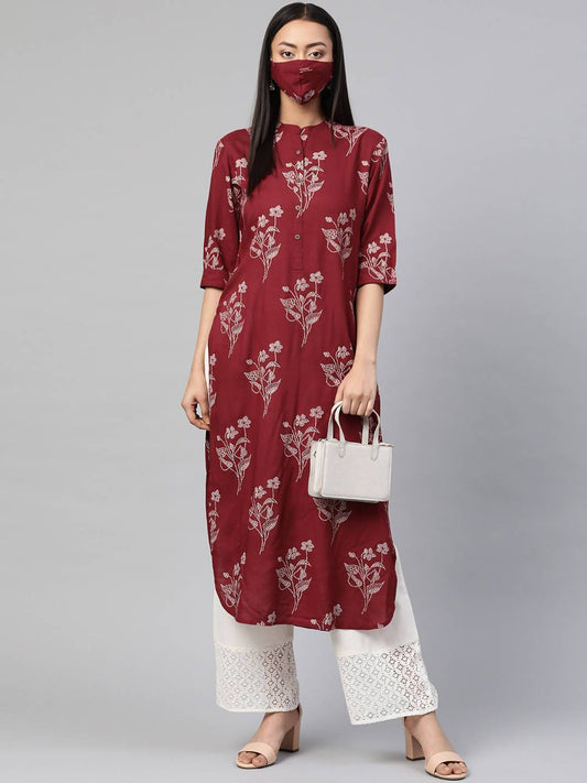 Buy_Women's_Maroon_Rayon_Slub_Bandhani_Straight_Kurta_With_Mask_Online_Trendia