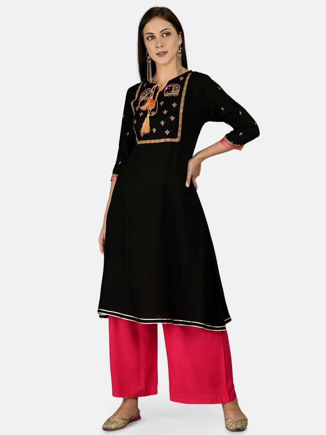 Women's Black Rayon Printed 3/4 Sleeve Round Neck Casual Kurta Palazzo Dupatta Set