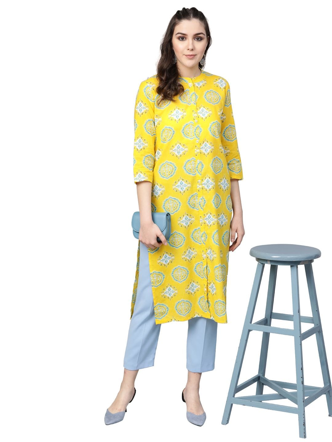 Women's Yellow & White Printed Straight Kurta