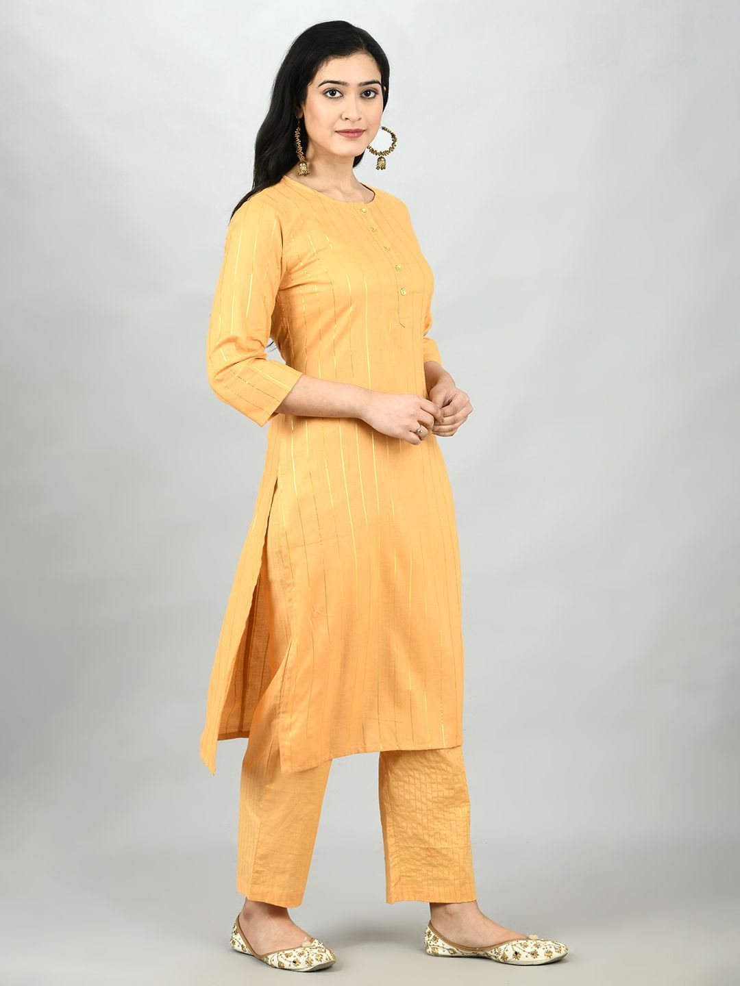 Women's Mustrd Polyester Solid 3/4 Sleeve Round Neck Casual Kurta Pant Dupatta Set