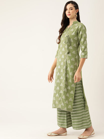 Women's Elaichi Color Rayon Blend Straight Printed Kurta Palazzo With Dupatta