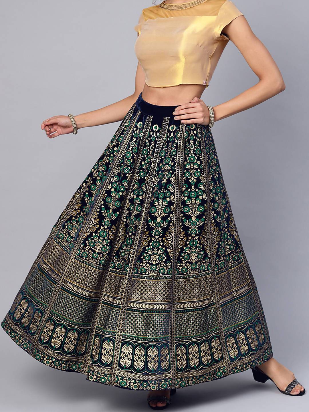 Buy_Women's_Navy_Velvet_Foil_Print_Kalidar_Skirt_Online_Trendia