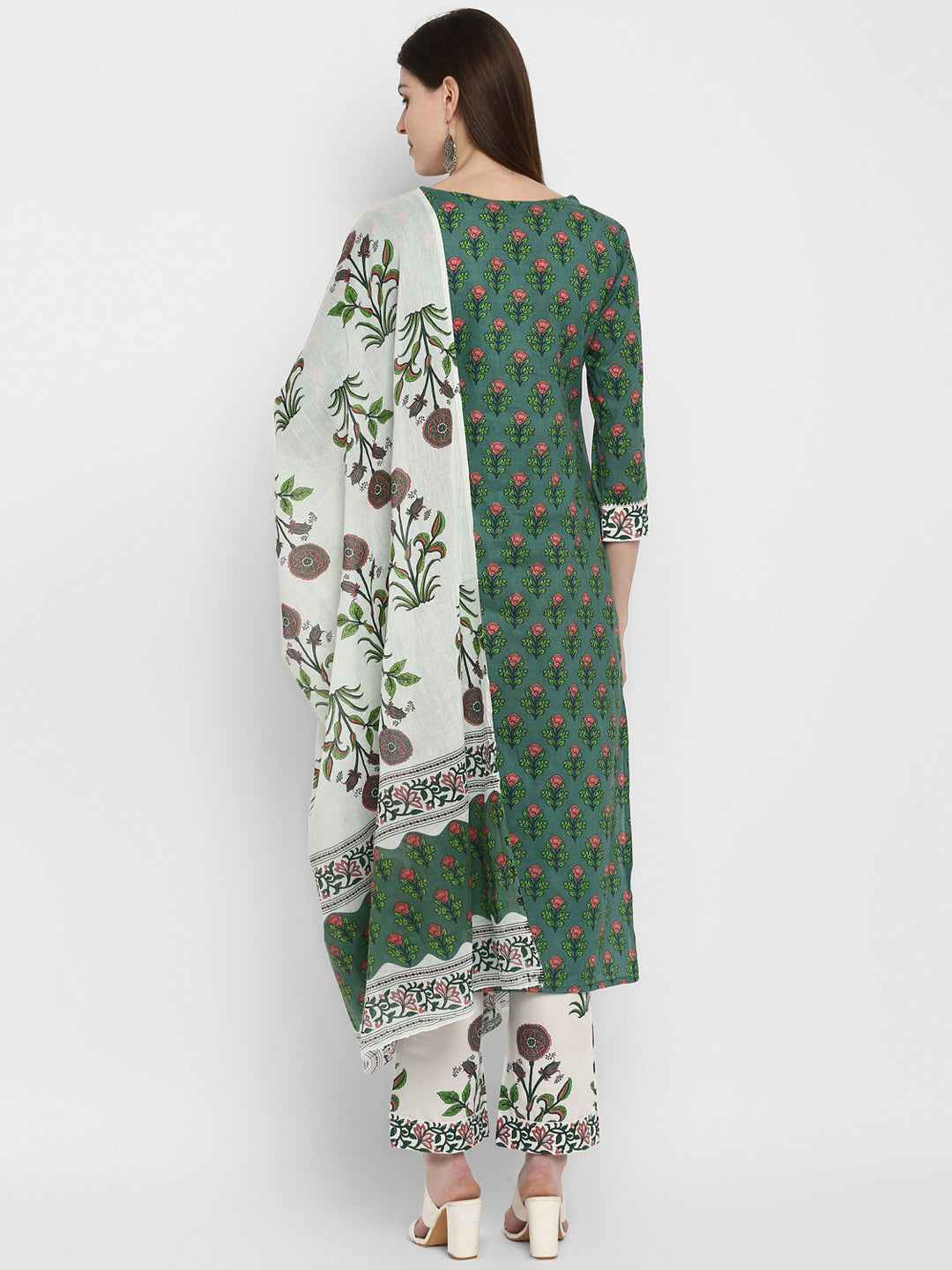 Women's Block Print Green Kurta & Pant With Dupatta Set By Vbuyz- (3