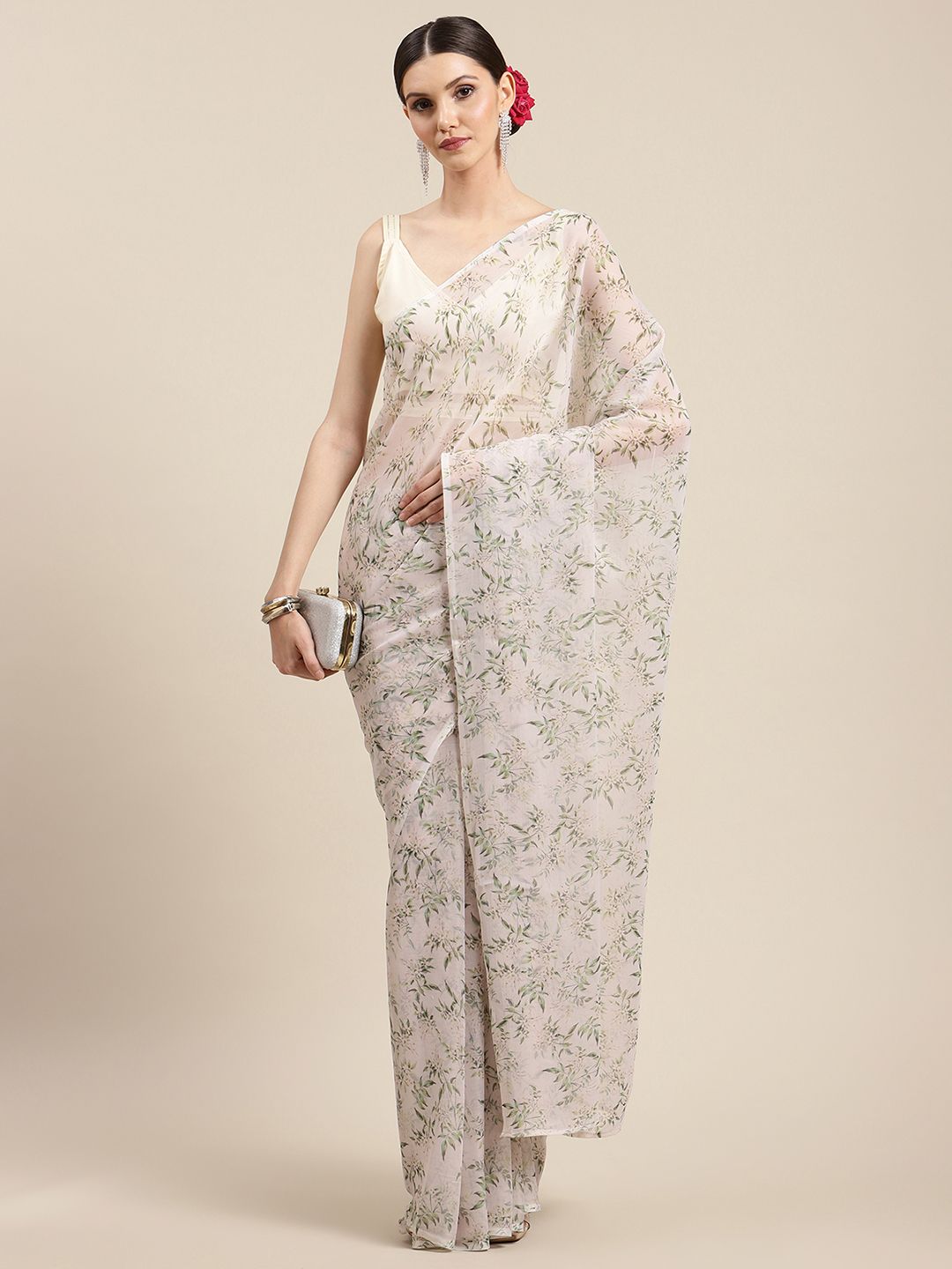 Women's Off White Chiffon Digital Print Floral Saree