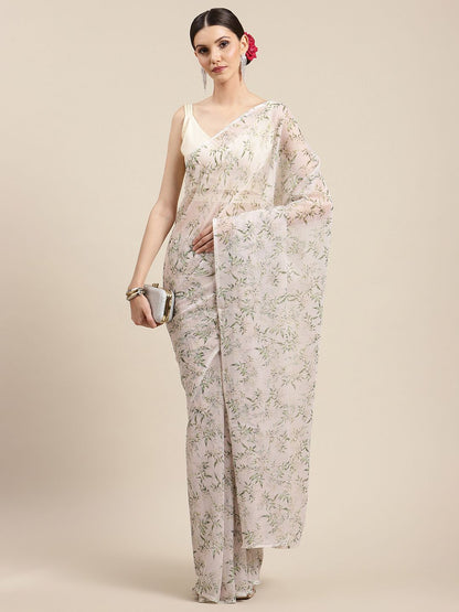Women's Off White Chiffon Digital Print Floral Saree