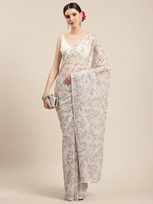 Women's Off White Chiffon Digital Print Floral Saree