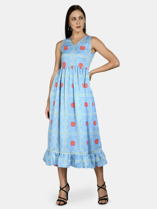 Women Sky Blue Printed Cotton Dress by Myshka (