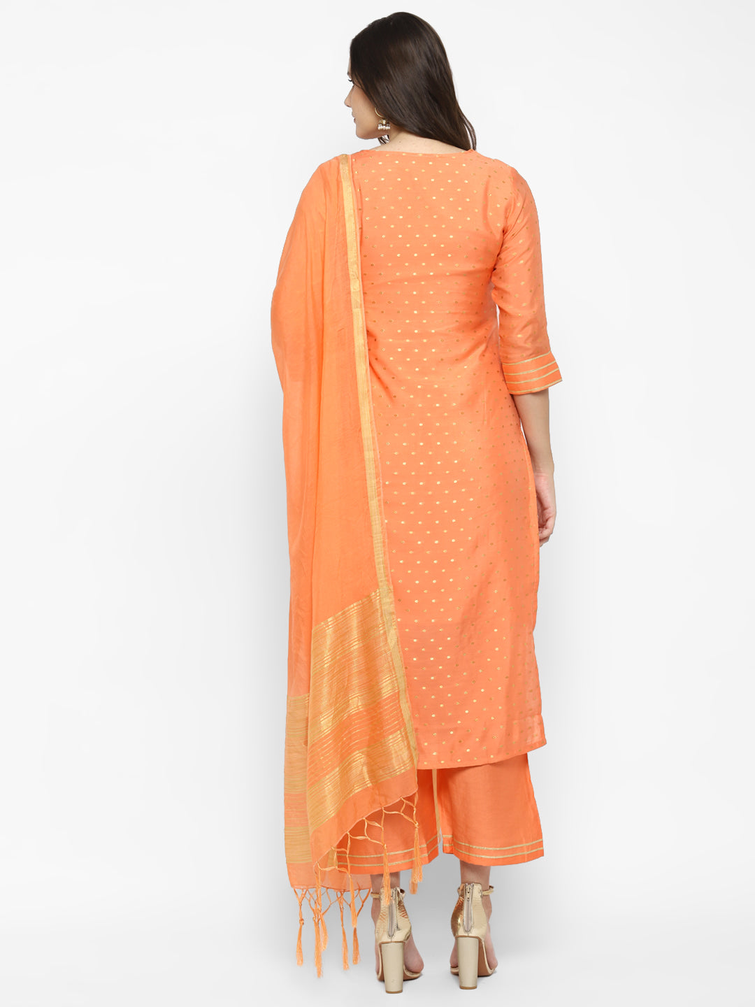 Women's Orange Color Chanderi Silk Embroidered Straight Kurta Palazzo With Dupatta