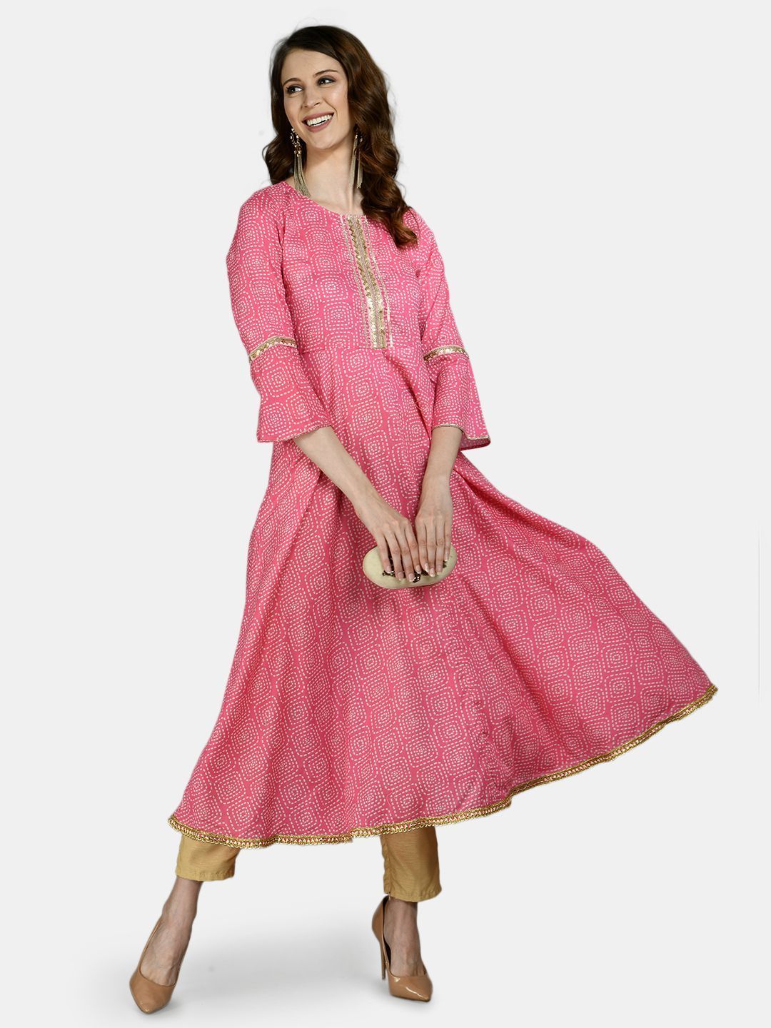 Women's Pink Cotton Printed 3/4 Sleeve Round Neck Casual Anarkali kurta