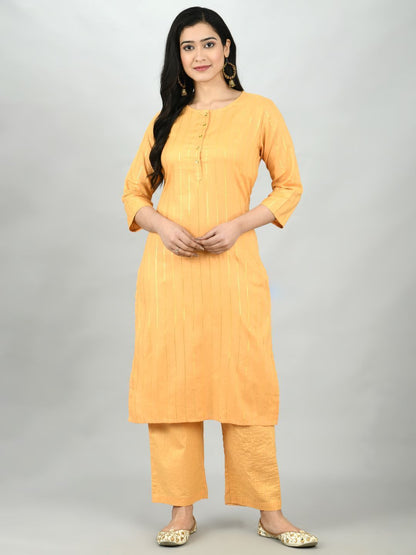 Women's Mustrd Polyester Solid 3/4 Sleeve Round Neck Casual Kurta Pant Dupatta Set