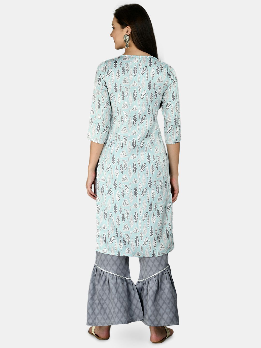 Women's Sky Blue Silk Printed 3/4 Sleeve Round Neck Casual Kurta Palazzo Dupatta Set
