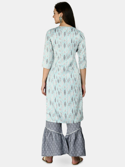 Women's Sky Blue Silk Printed 3/4 Sleeve Round Neck Casual Kurta Palazzo Dupatta Set