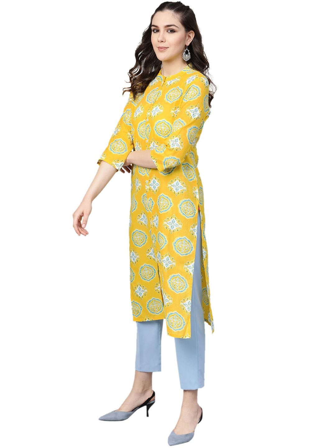 Women's Yellow & White Printed Straight Kurta
