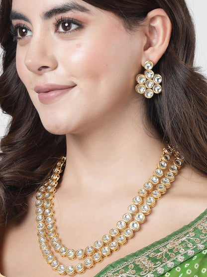 Women's Gold-Plated Kundan 2 layered handcrafted Jewellery Sets with drop earrings