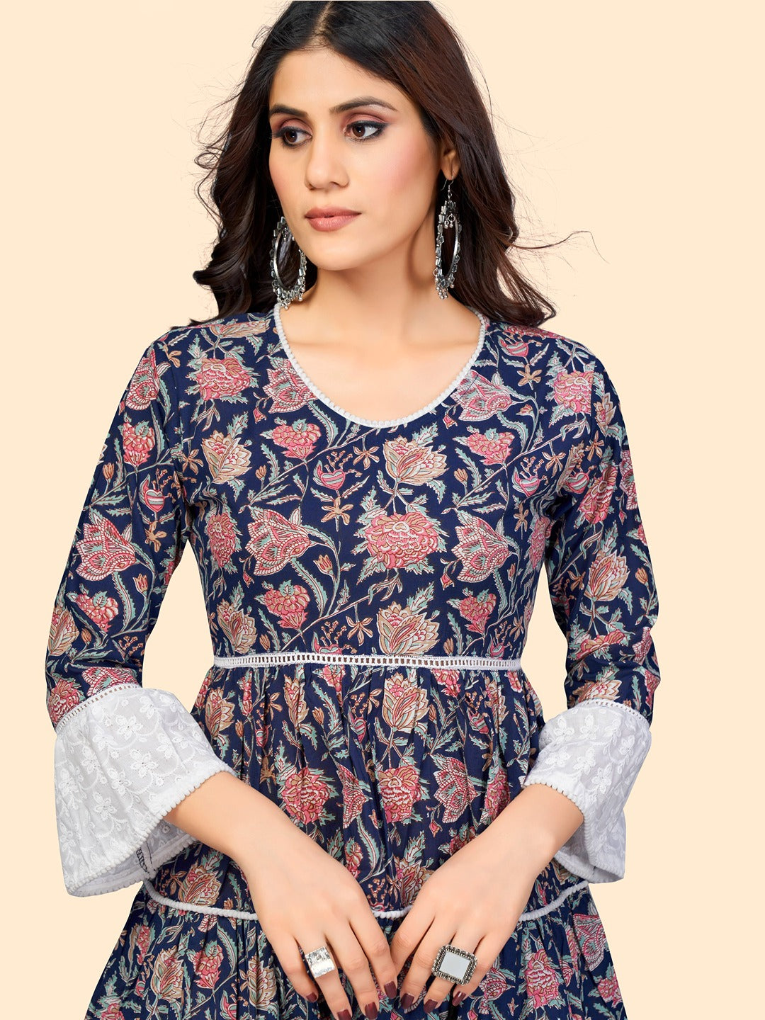 Women's Floral Print Flared Cotton Blue Stitched Dress
