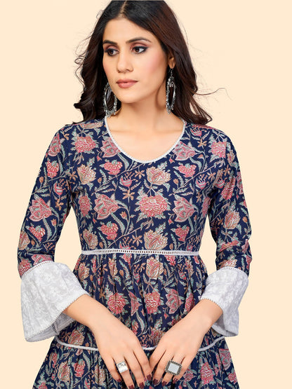 Women's Floral Print Flared Cotton Blue Stitched Dress