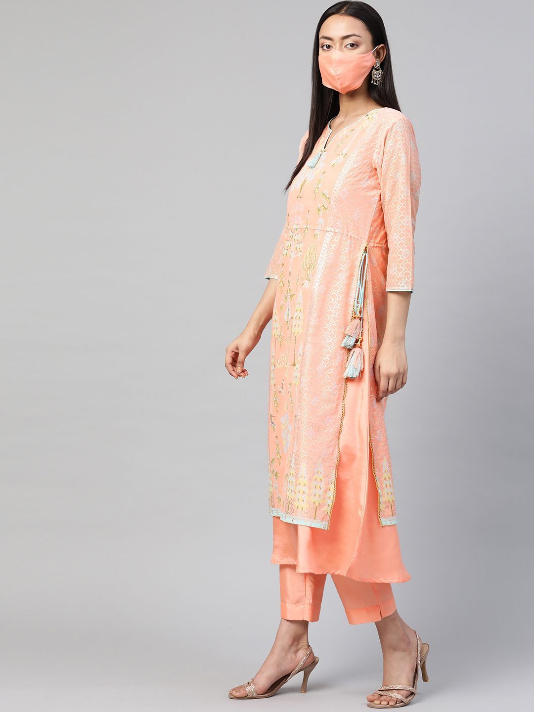 Women's Orange Printed Layered Kurta Pant & Dupatta Set with Mask