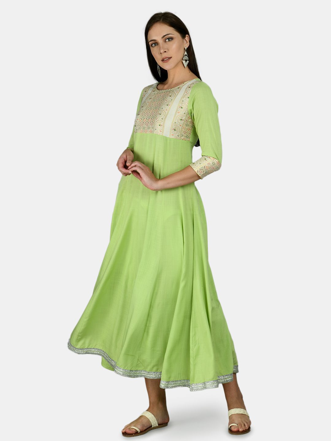 Women's Green Rayon Printed 3/4 Sleeve Round Neck Casual Anarkali Dupatta Set