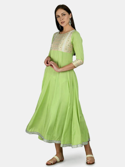 Women's Green Rayon Printed 3/4 Sleeve Round Neck Casual Anarkali Dupatta Set