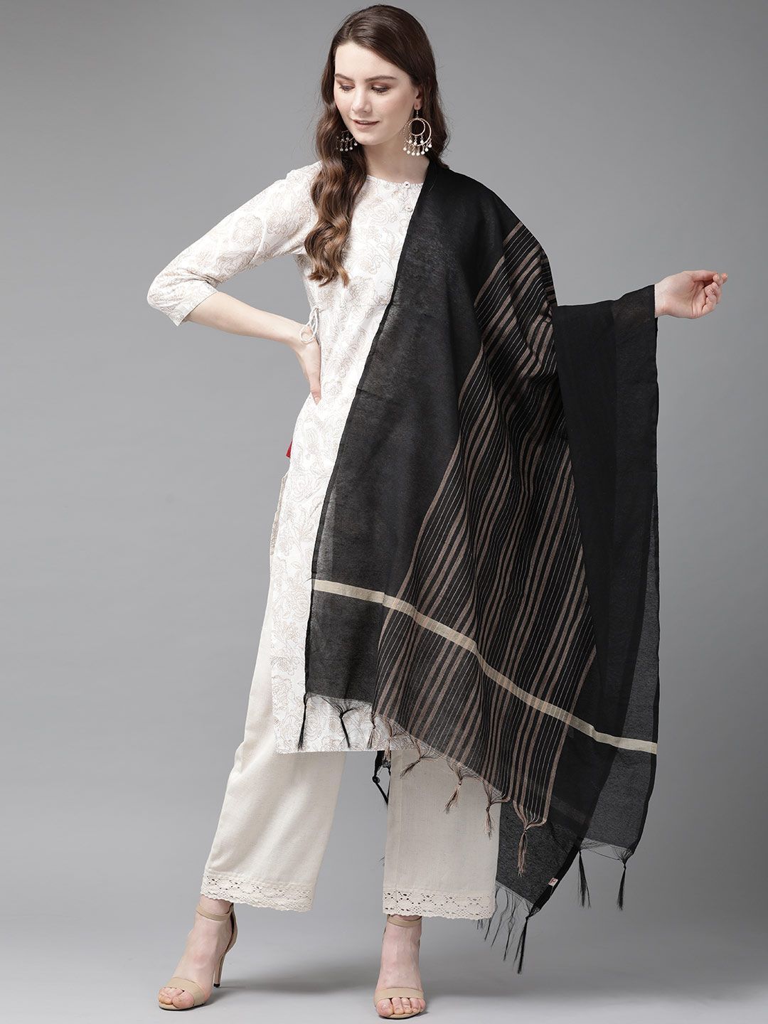 Women's Black Chanderi Cotton Multi Stripes Dupatta