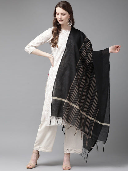 Women's Black Chanderi Cotton Multi Stripes Dupatta