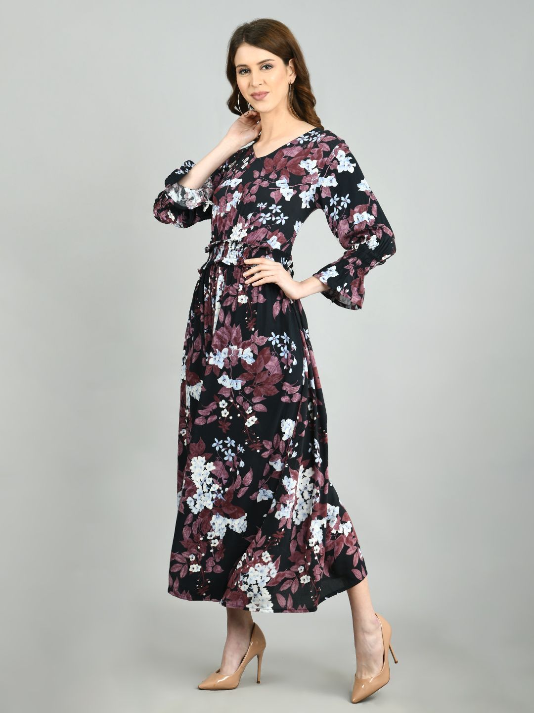 Women's Multi Rayon Printed Full Sleeve V Neck Casual Dress
