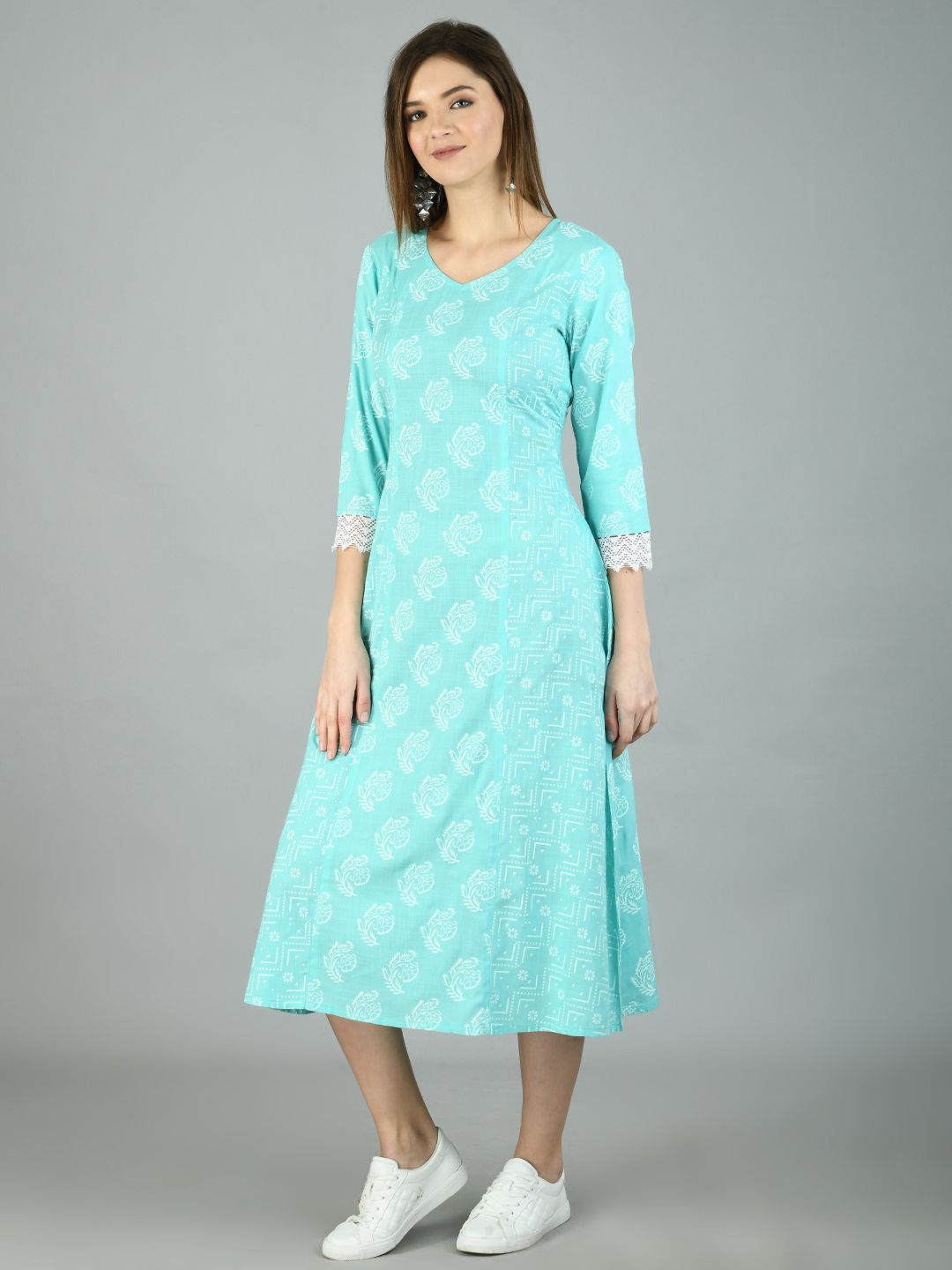 Women's Sky Blue Cotton Printed Full Sleeve V Neck Casual Dress