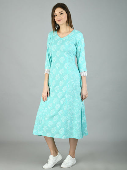 Women's Sky Blue Cotton Printed Full Sleeve V Neck Casual Dress