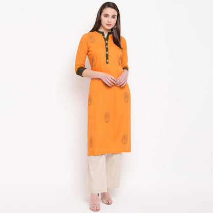 Women's Embroidered Straight Rayon Mustard Kurta (1Pc)