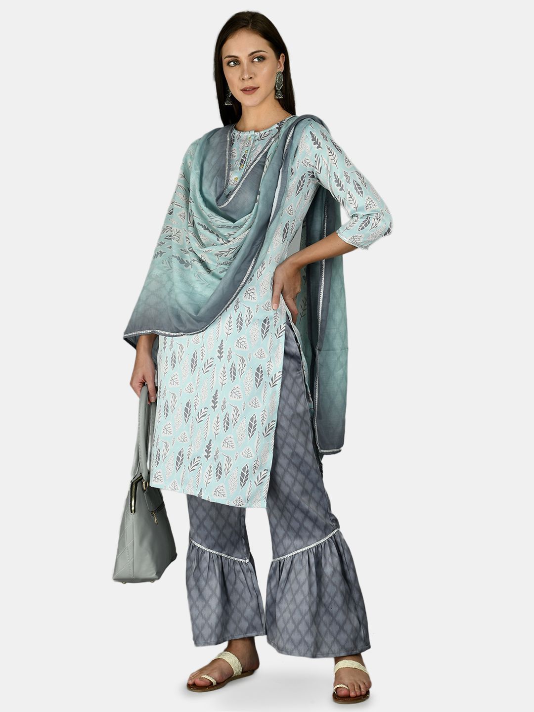 Women's Sky Blue Silk Printed 3/4 Sleeve Round Neck Casual Kurta Palazzo Dupatta Set