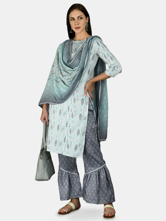 Women's Sky Blue Silk Printed 3/4 Sleeve Round Neck Casual Kurta Palazzo Dupatta Set