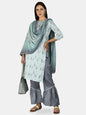 Women's Sky Blue Silk Printed 3/4 Sleeve Round Neck Casual Kurta Palazzo Dupatta Set