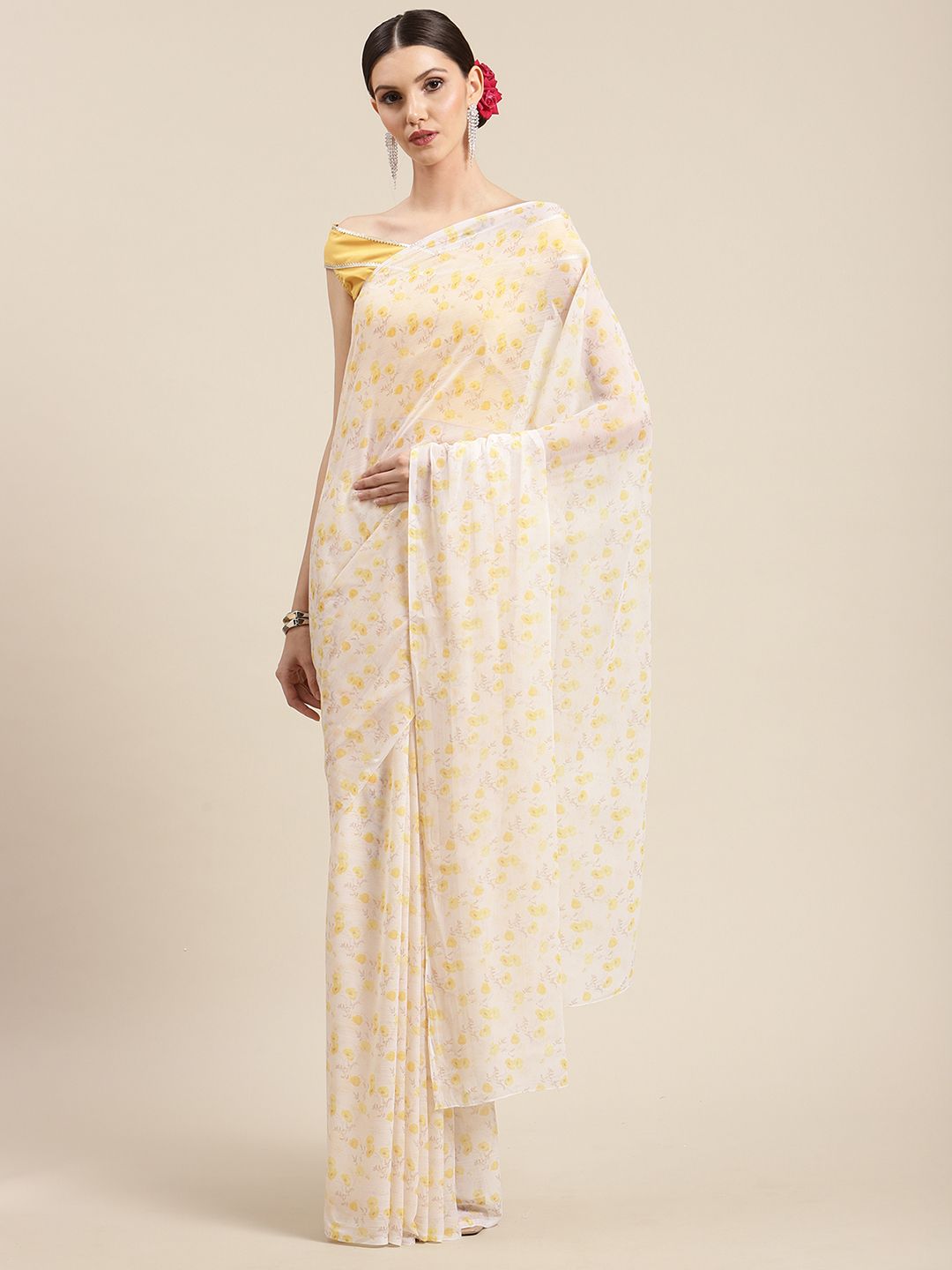 Women's Yellow Chiffon Digital Print Floral Saree