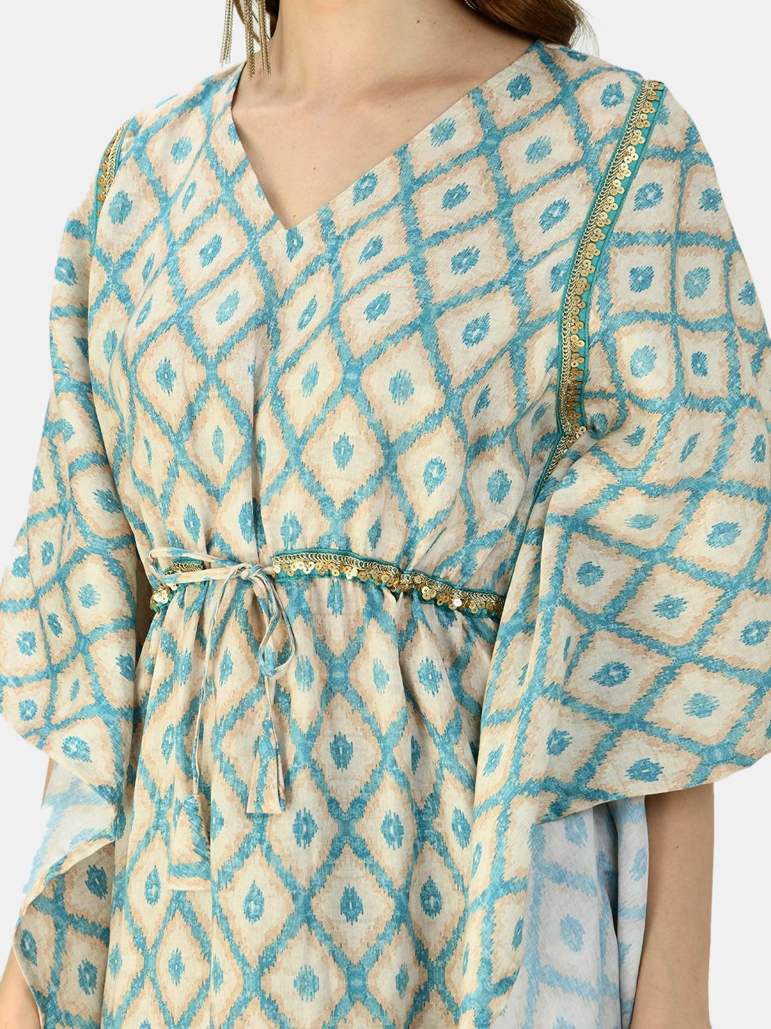 Women's Green Multicolor Silk Blend Printed Half Sleeve V Neck Casual Kaftaan