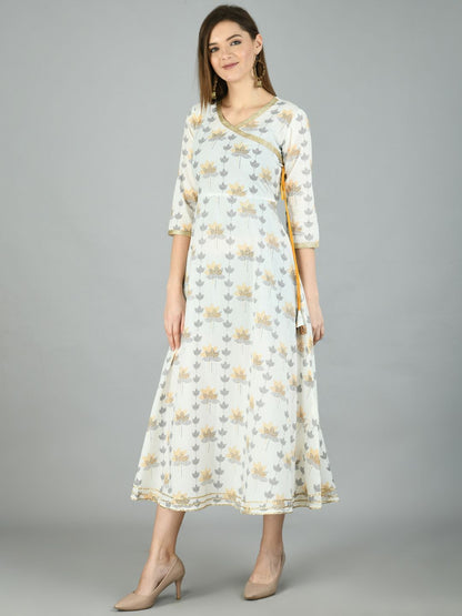Women's Off White Cotton Printed 3/4 Sleeve V Neck Casual Dress
