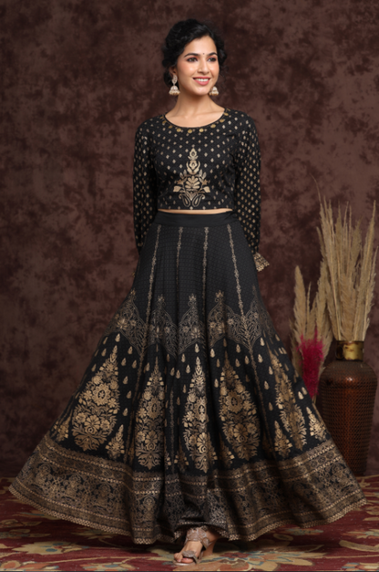 Women's Black Rayon Printed Lehenga Choli Set